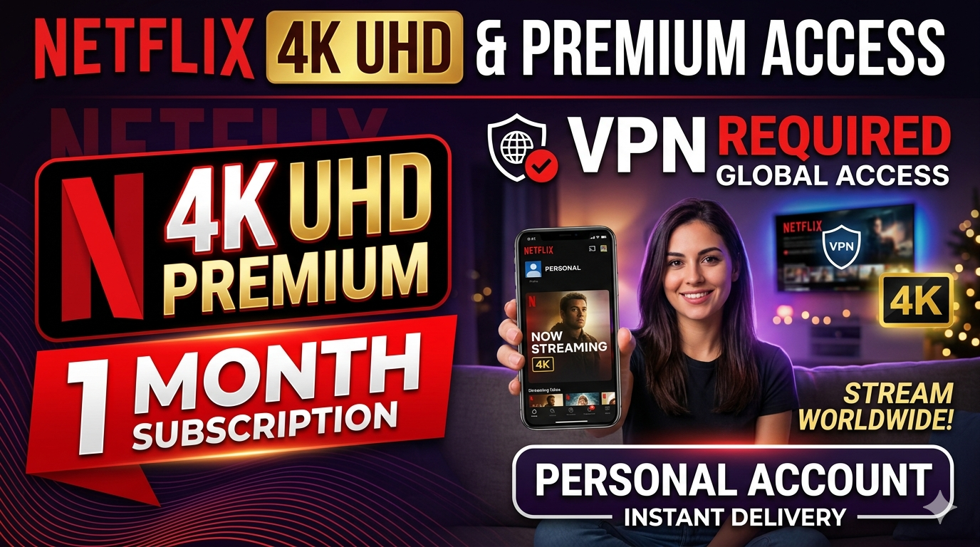 Netflix 4K UHD Premium – 1 Month – Personal Account – Need VPN – Global Access